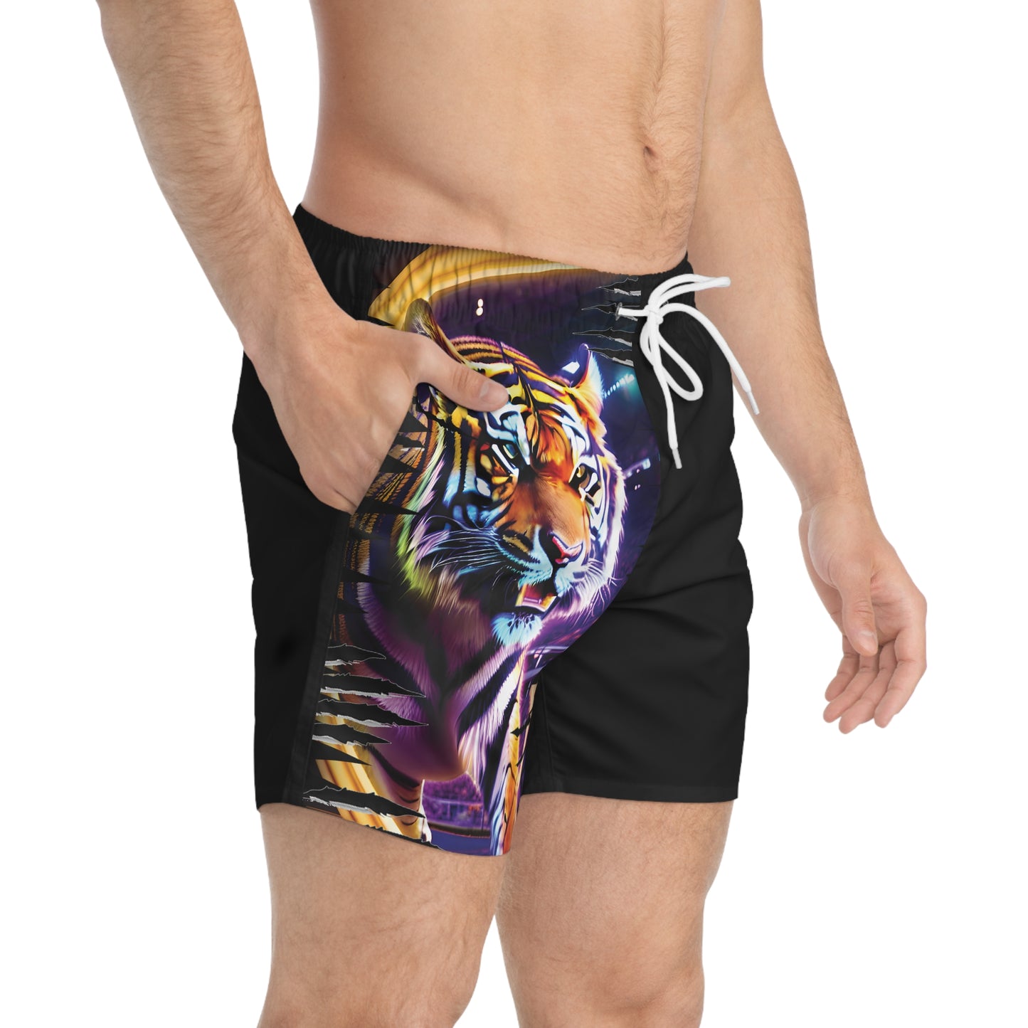 Tiger Swim Trunks - Men's Swim Trunks in Vibrant Purple & Gold Colors